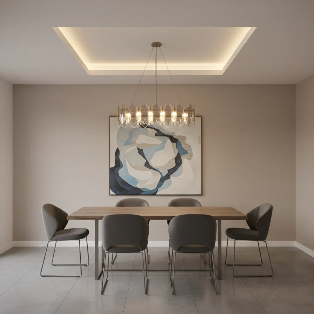 Tray POP ceiling design above dining table with chandelier lighting