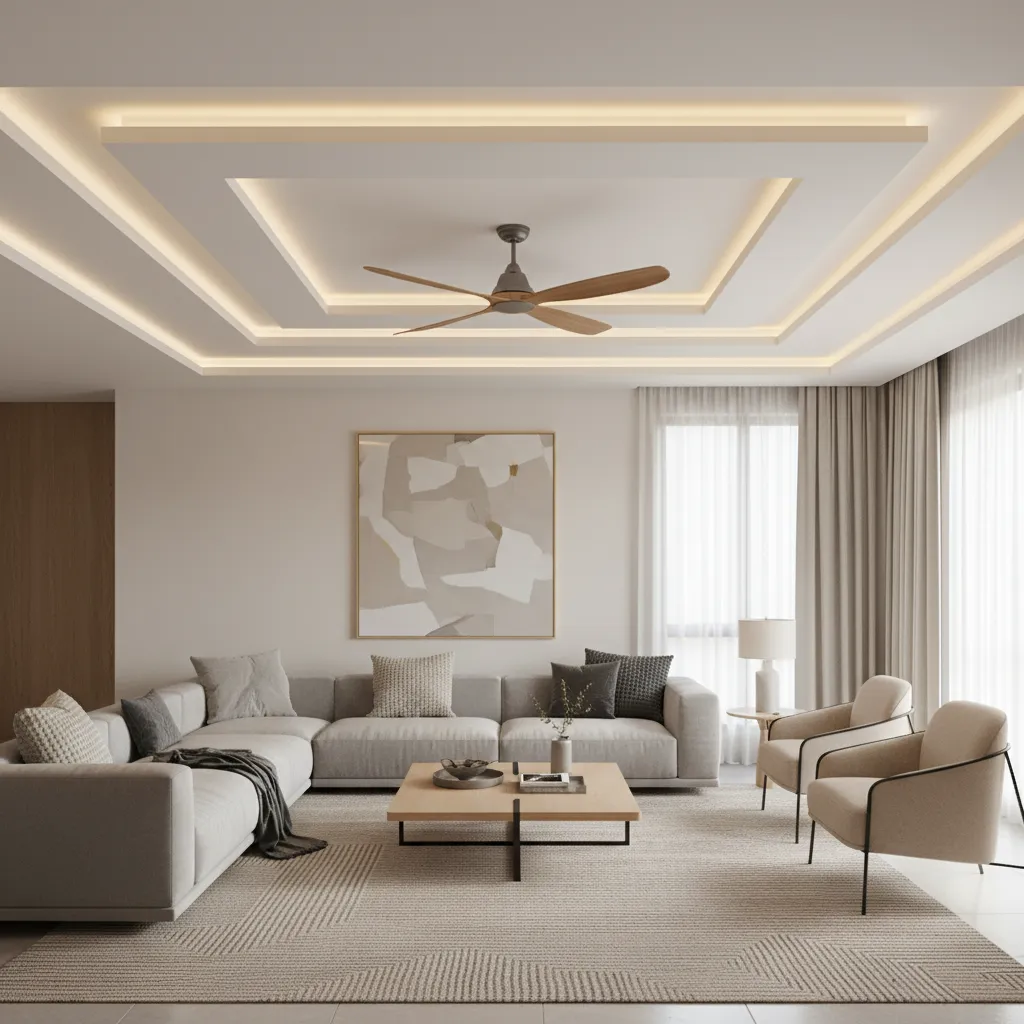 layered tray POP ceiling with central fan and LED lighting