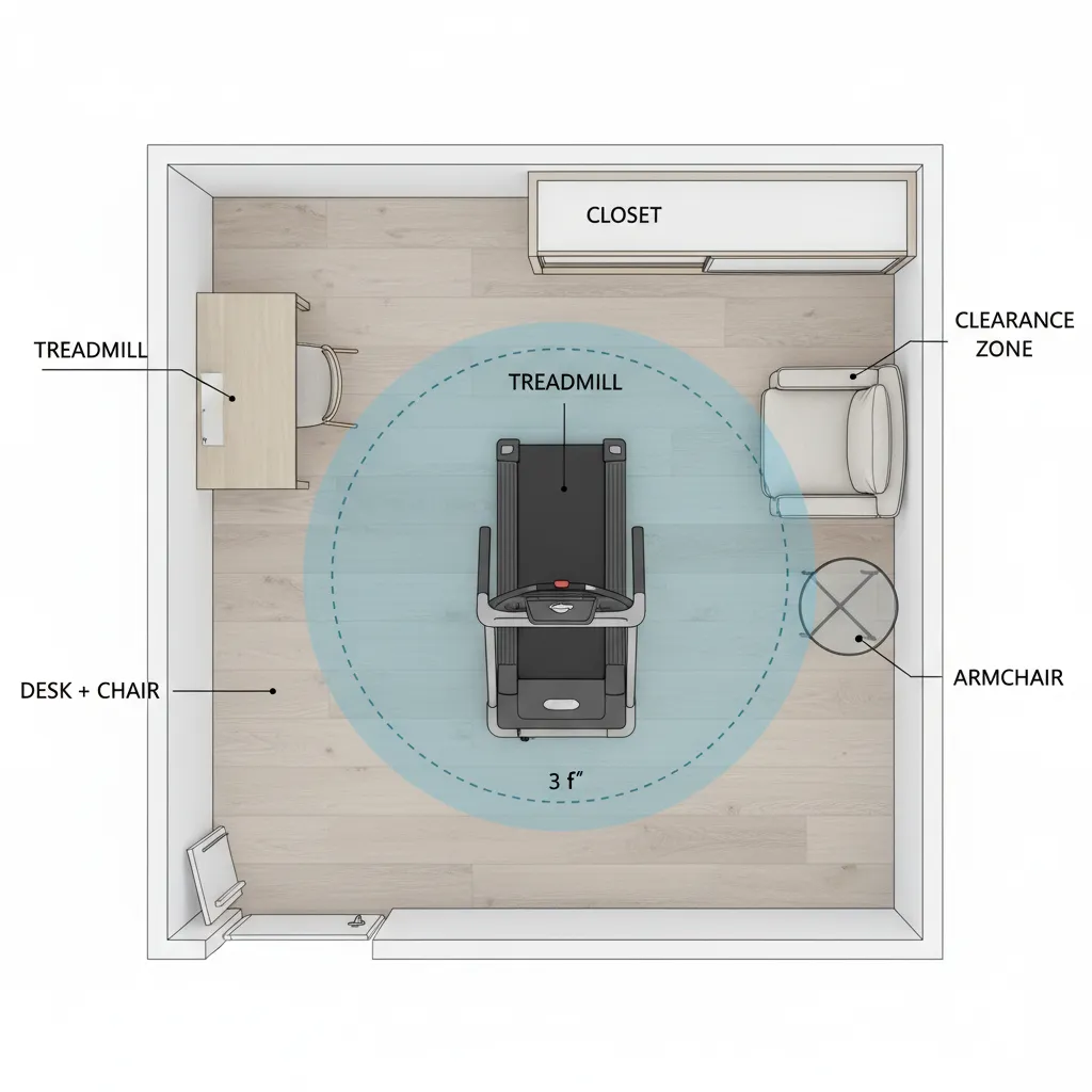 Diagram style layout showing clearance around compact treadmill