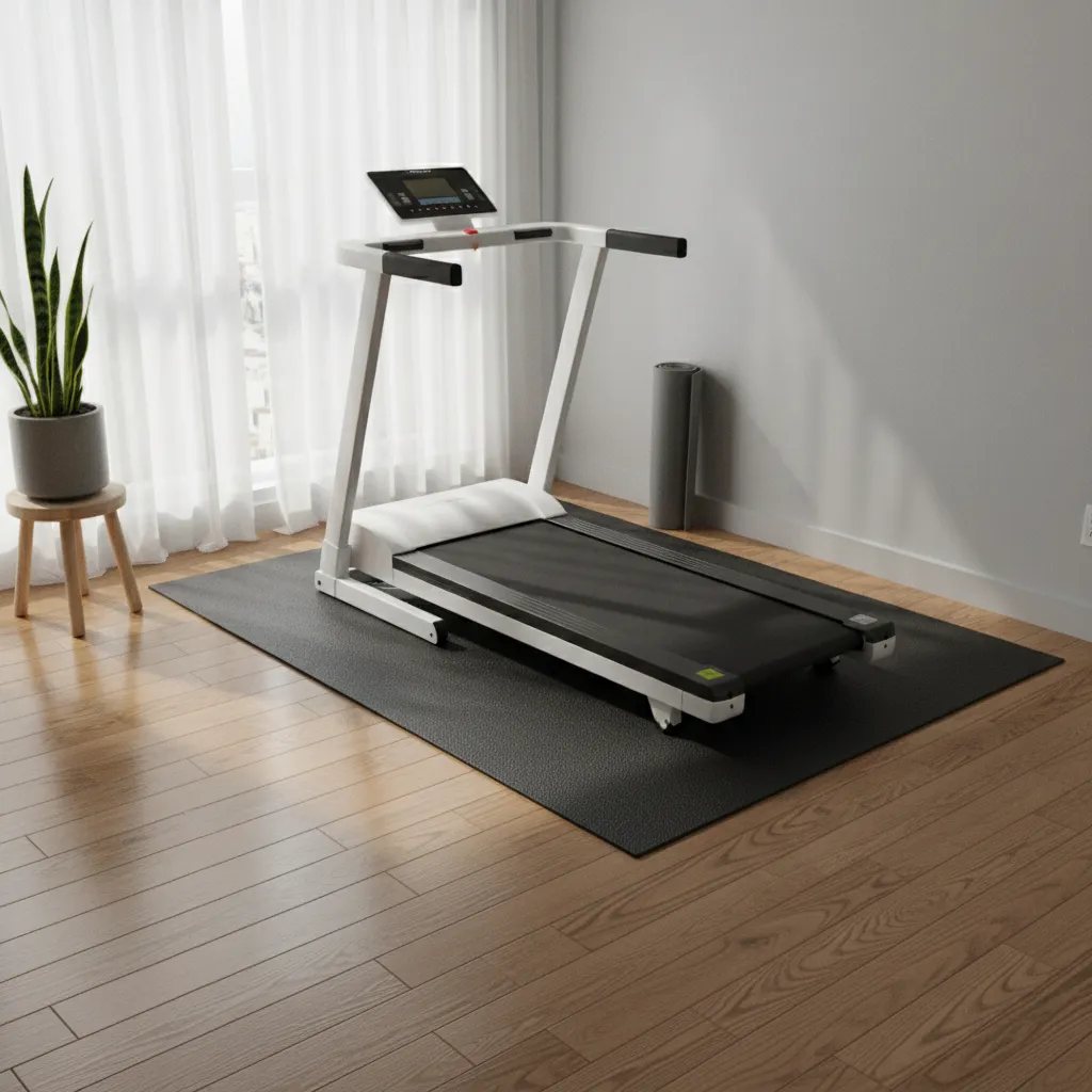 compact treadmill standing on thick rubber mat to reduce vibration