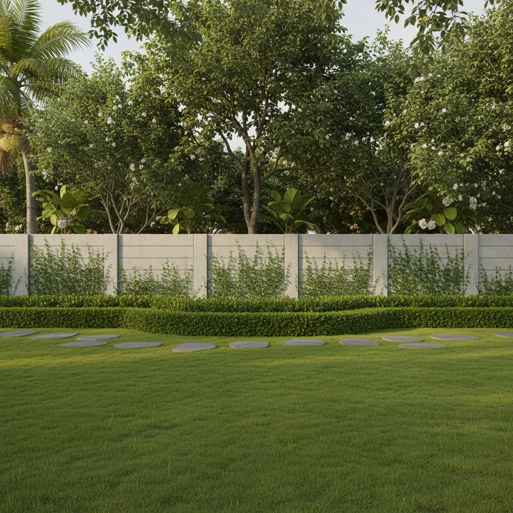 Boundary wall landscaping with hedge in front and tall trees behind creating layered privacy