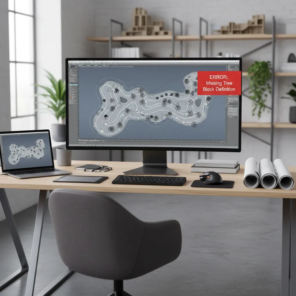 AutoCAD screen showing corrupted tree CAD block error