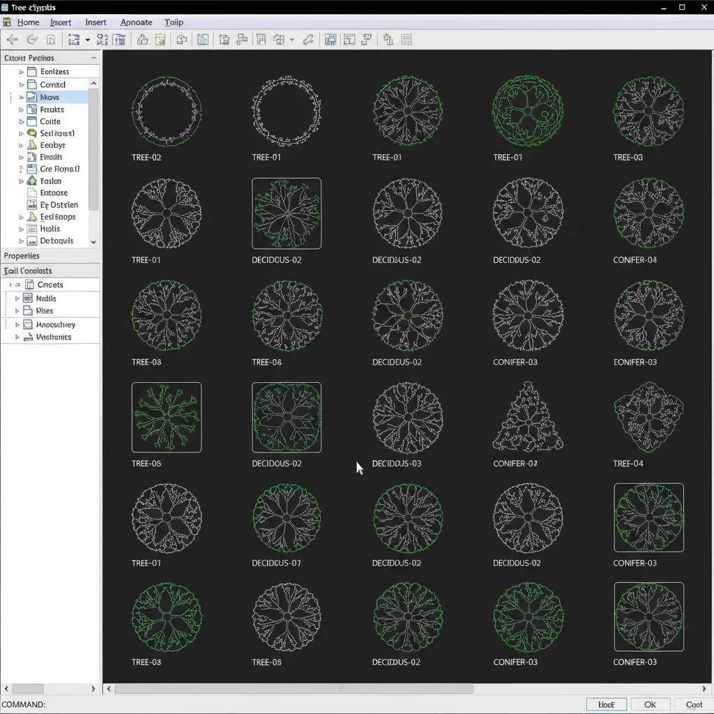 Multiple CAD tree blocks displayed in architectural drawing interface
