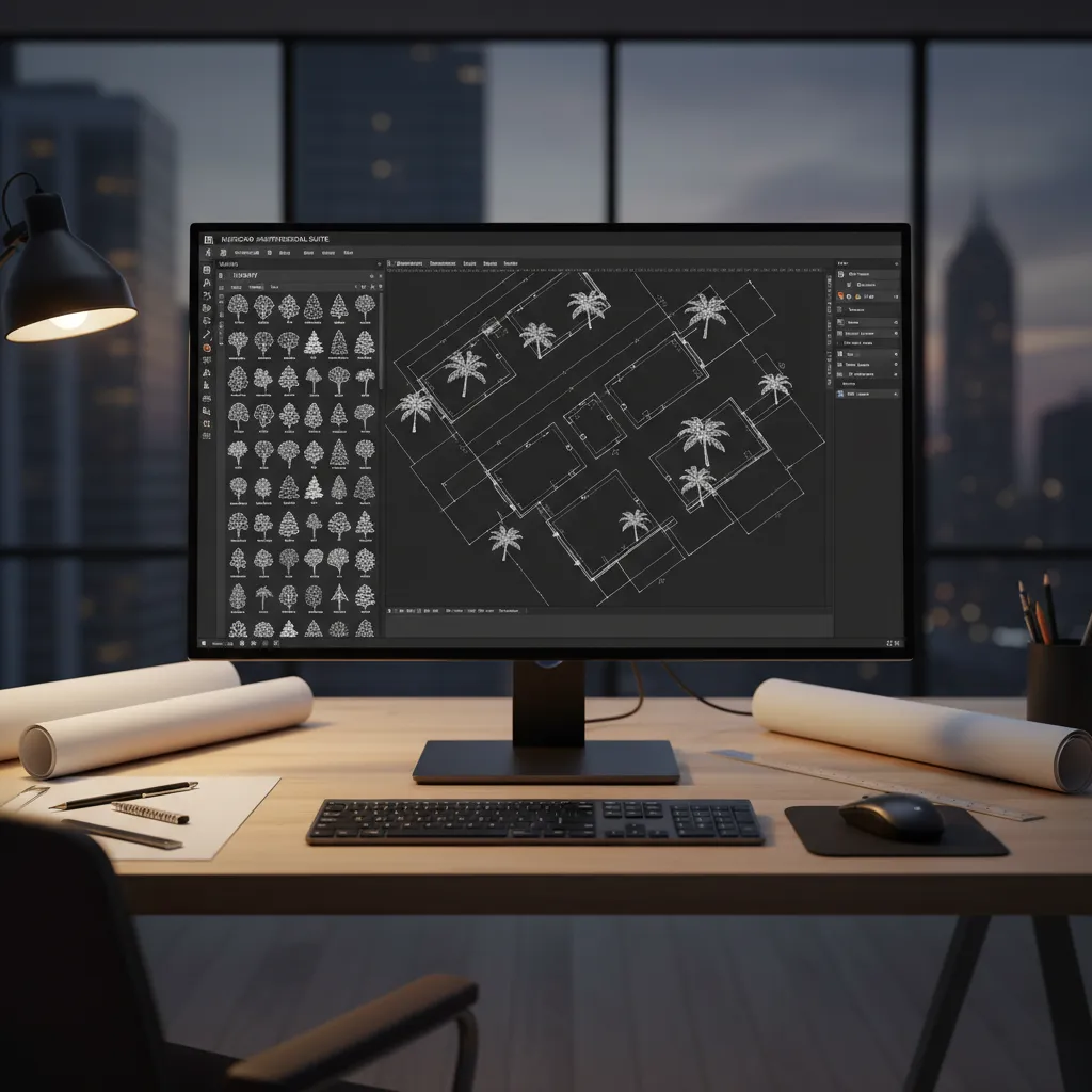 collection of tree CAD blocks in DWG format displayed in architectural drafting software