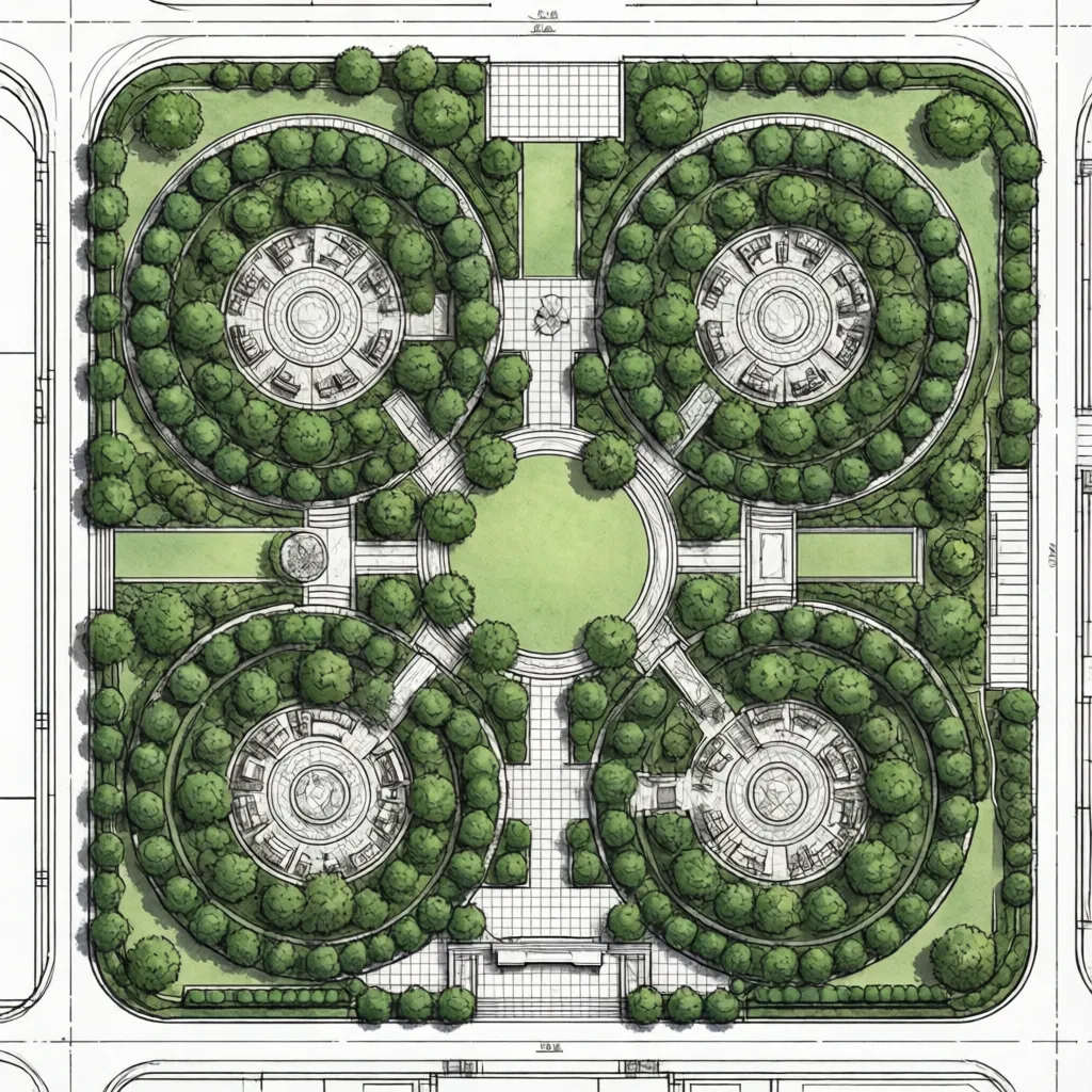 Landscape master plan showing tree canopy spacing and planting layout