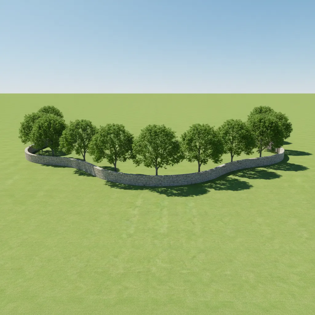 Diagram style landscape showing tree canopy overlap creating privacy along boundary