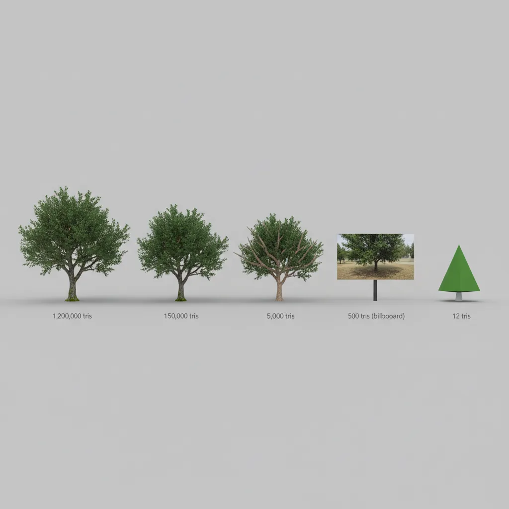 Tree LOD model comparison from high detail to billboard