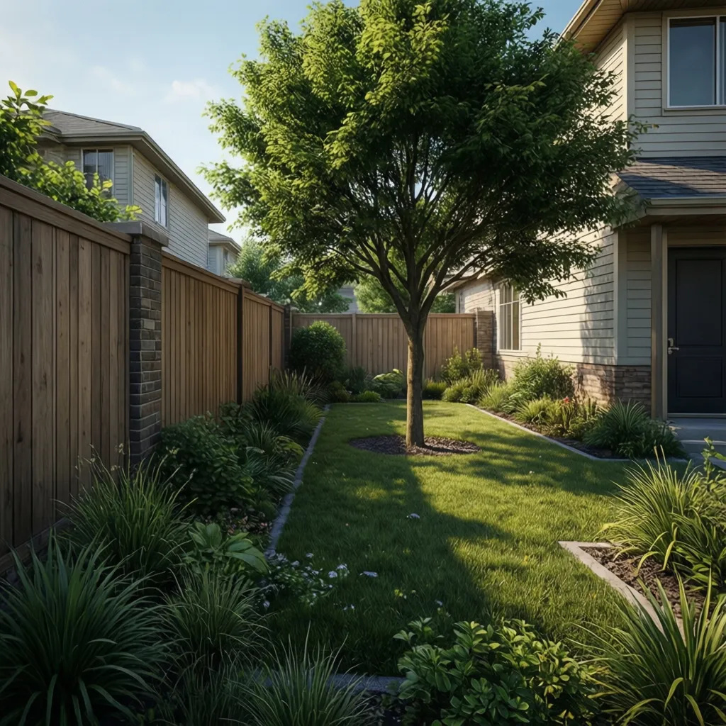 Residential garden tree planted near compound wall