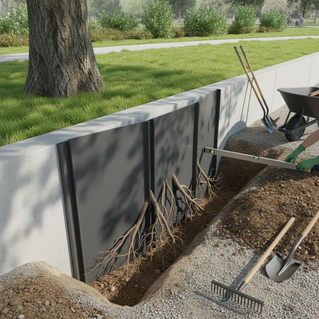 Root barrier installed between tree and boundary wall