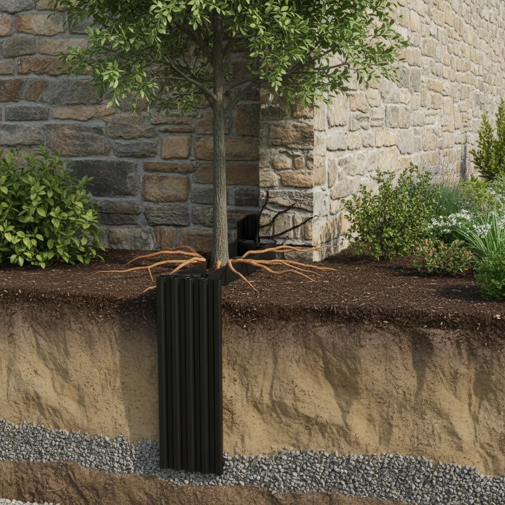 Underground root barrier panel installed between tree and boundary wall
