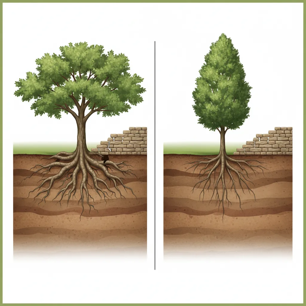 Illustration comparing shallow aggressive roots and deep non invasive tree roots