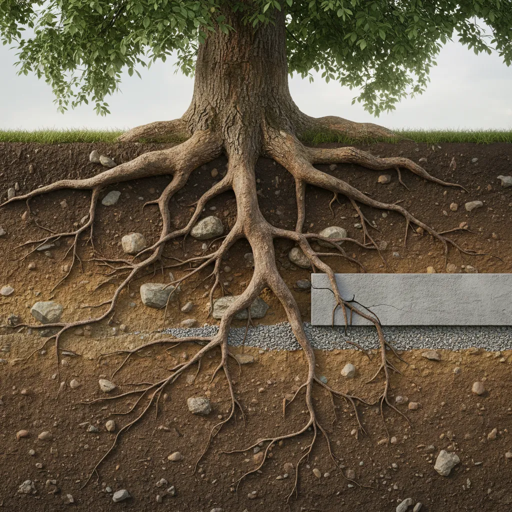3D visualization showing tree roots interacting with wall footing and soil