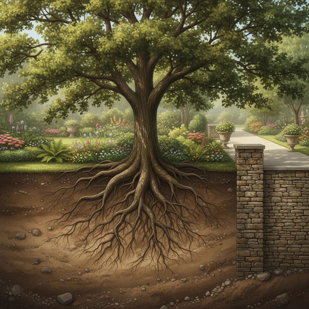 Diagram style visualization showing tree roots expanding toward a boundary wall foundation