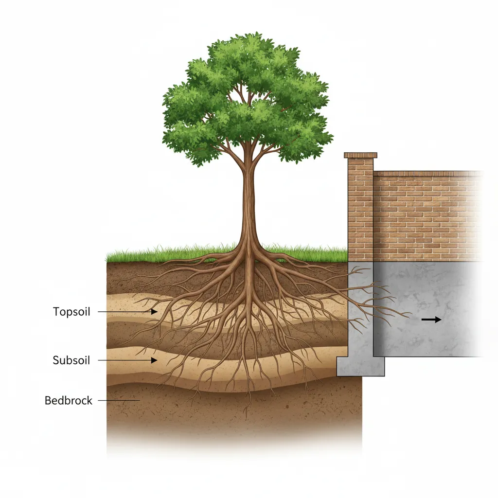 Illustration showing tree root spread near a compound wall