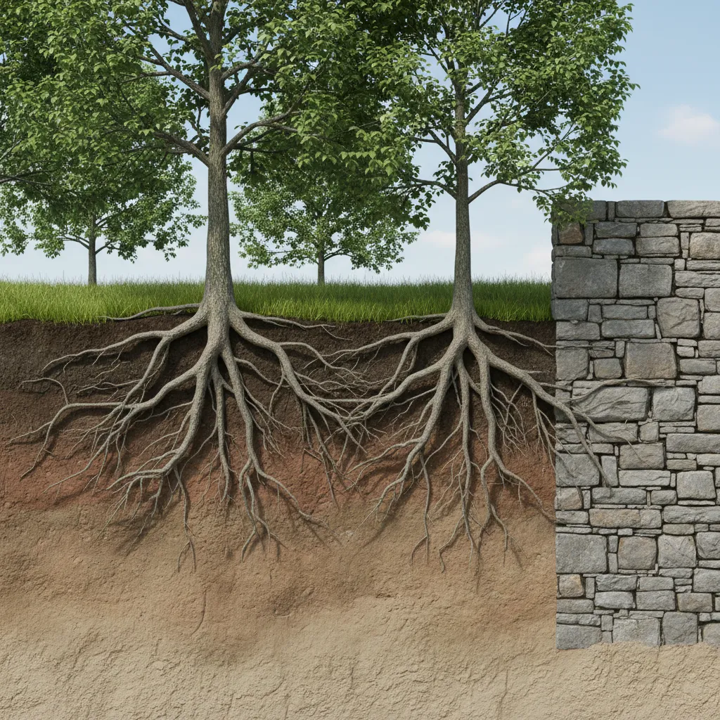 Diagram showing tree root spread reaching toward a boundary wall