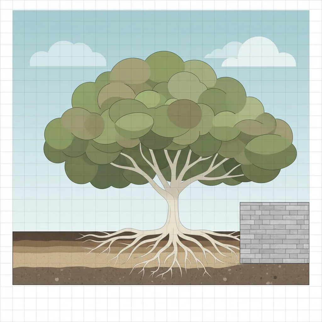 Visual explanation of tree root spread near boundary walls