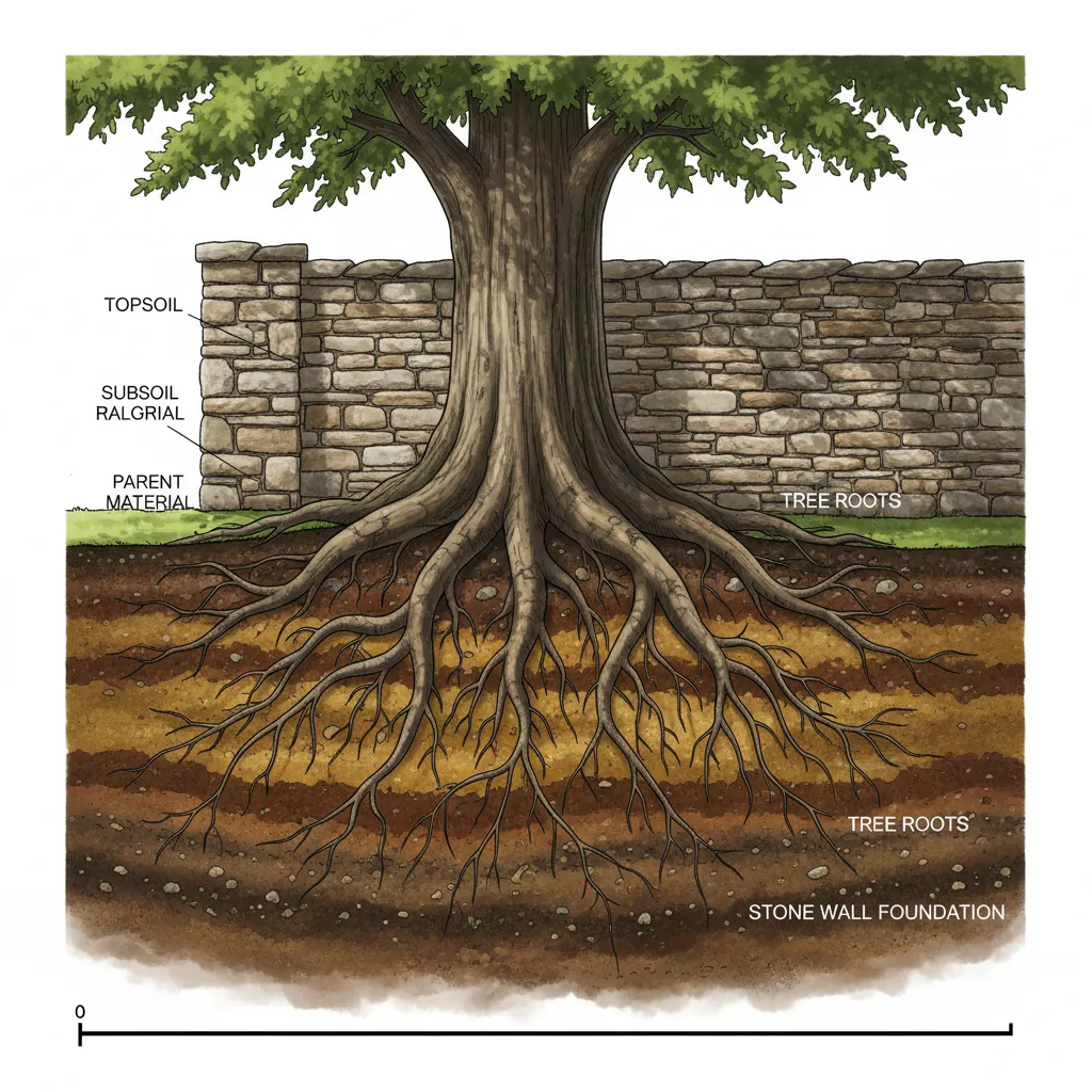 tree roots spreading along the base of a masonry boundary wall