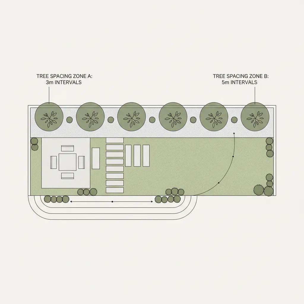 Diagram showing proper spacing between trees and boundary wall
