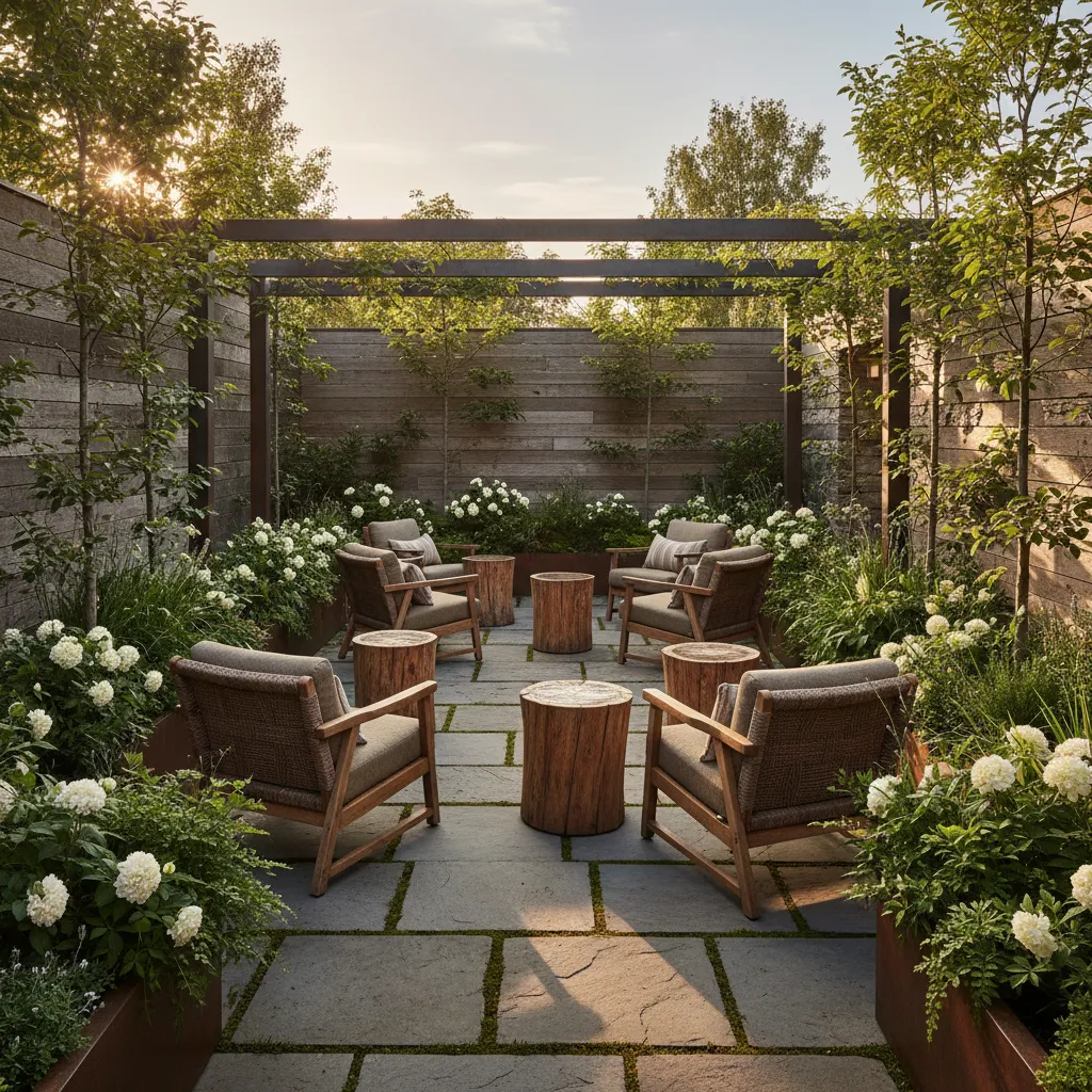 tree stump tables used as outdoor patio furniture in garden seating area