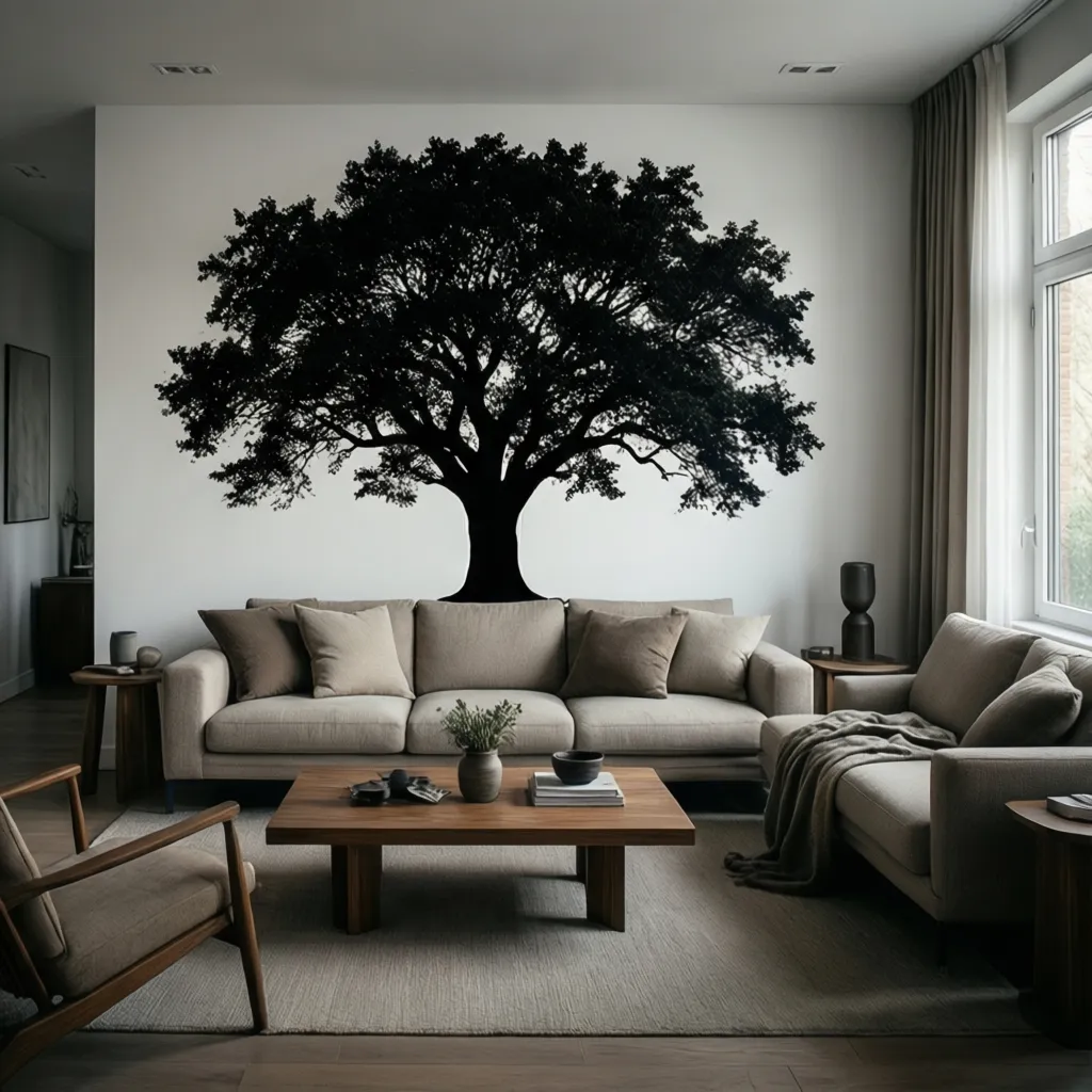 Minimalist living room with large tree silhouette wall art