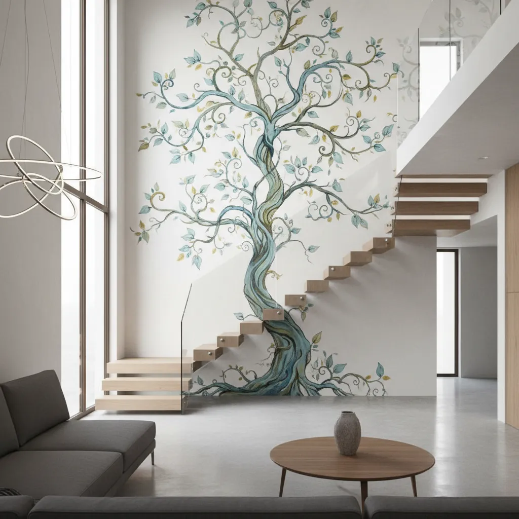 Tree wall mural following staircase wall in modern home
