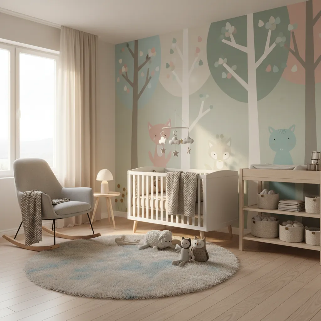 Soft tree mural design in a nursery room