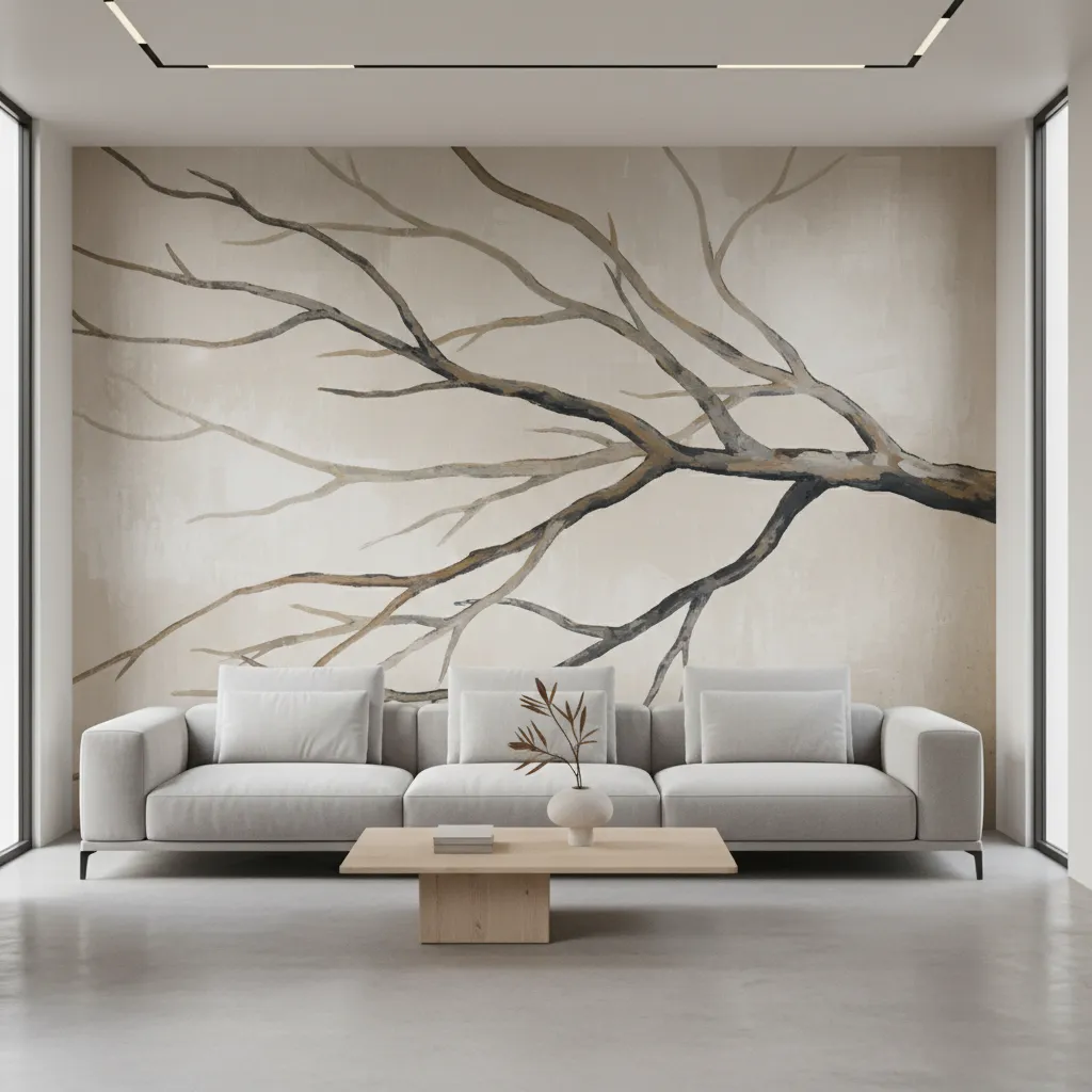 Tree mural wall painting with wide branches stretching across living room wall