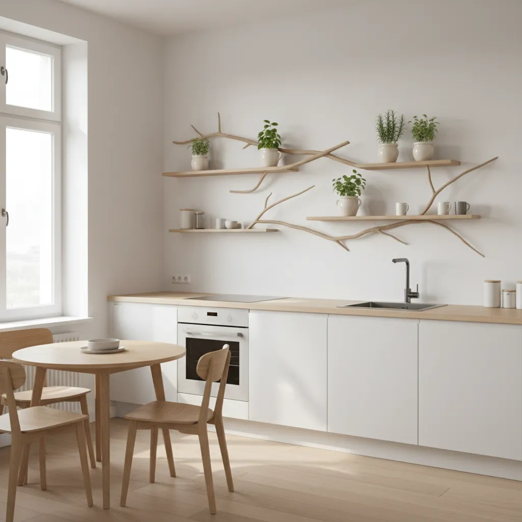 Small kitchen wall with decorative tree branch shelves holding herbs and mugs