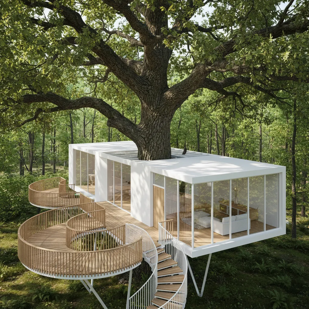 Modelo 3D arquitectónico de casa de árbol en entorno natural