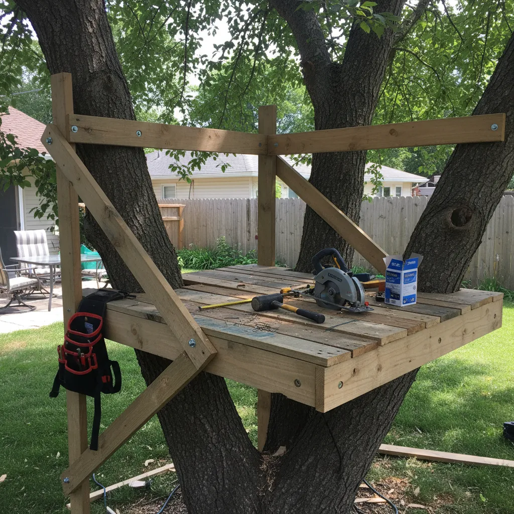 Wooden treehouse platform under construction between two trees with tools like hammer and power saw