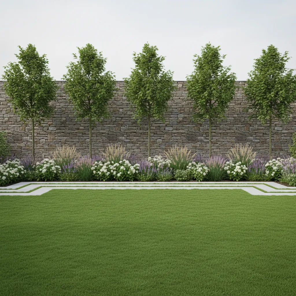 Landscape design showing trees planted along a residential boundary wall