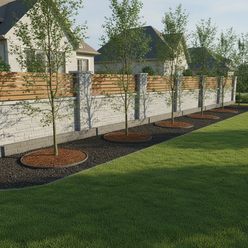 young trees planted with spacing along a residential boundary wall