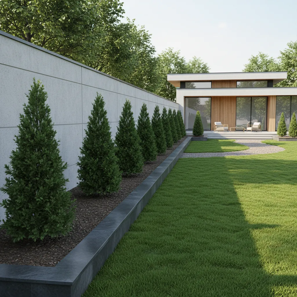 Young screening trees planted evenly along a residential compound wall