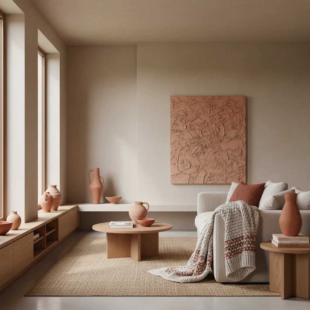 Modern living room with beige sofa, wooden table, wall art, brown rug, and clay vases