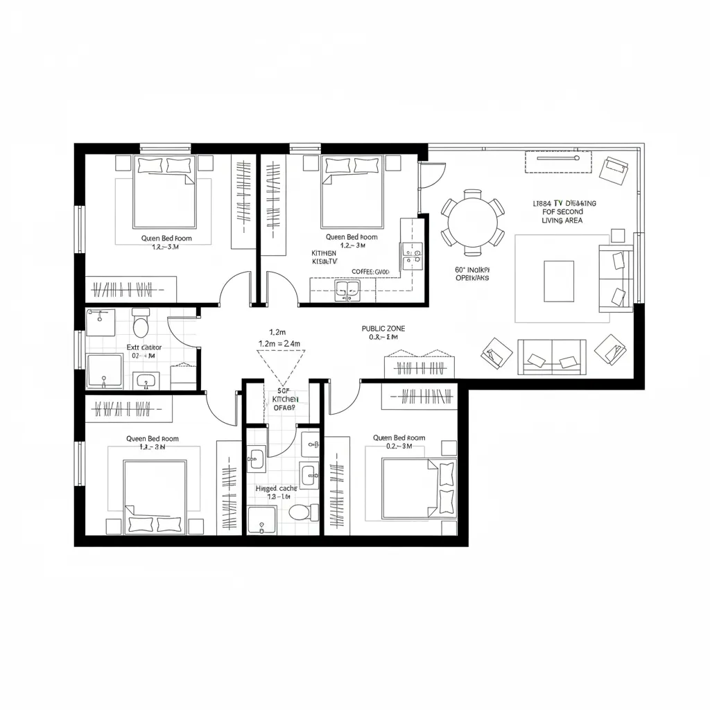 Top-down plan highlighting tri-bath efficiency and terrace as second living room