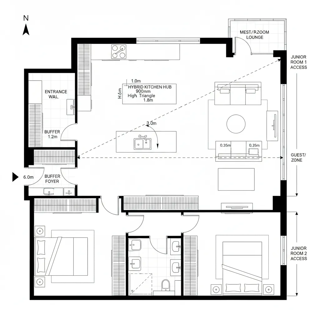 Top-down CAD floor plan showing entry, hybrid kitchen hub, convertible lounge, and master suite with compliant dimensions