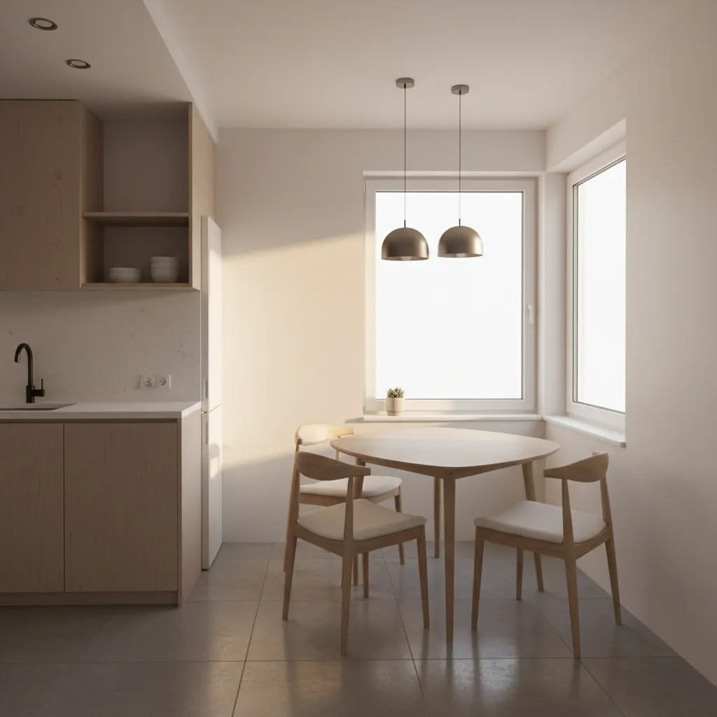 Triangular dining table placed under corner windows in small apartment