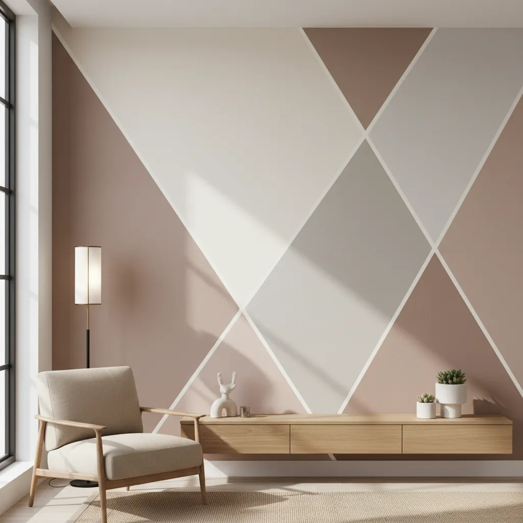 Pared interior con patrón geométrico de triángulos pintados