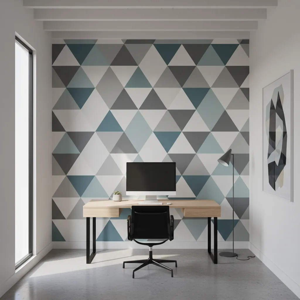 Creative studio wall painted with colorful triangle grid geometric pattern