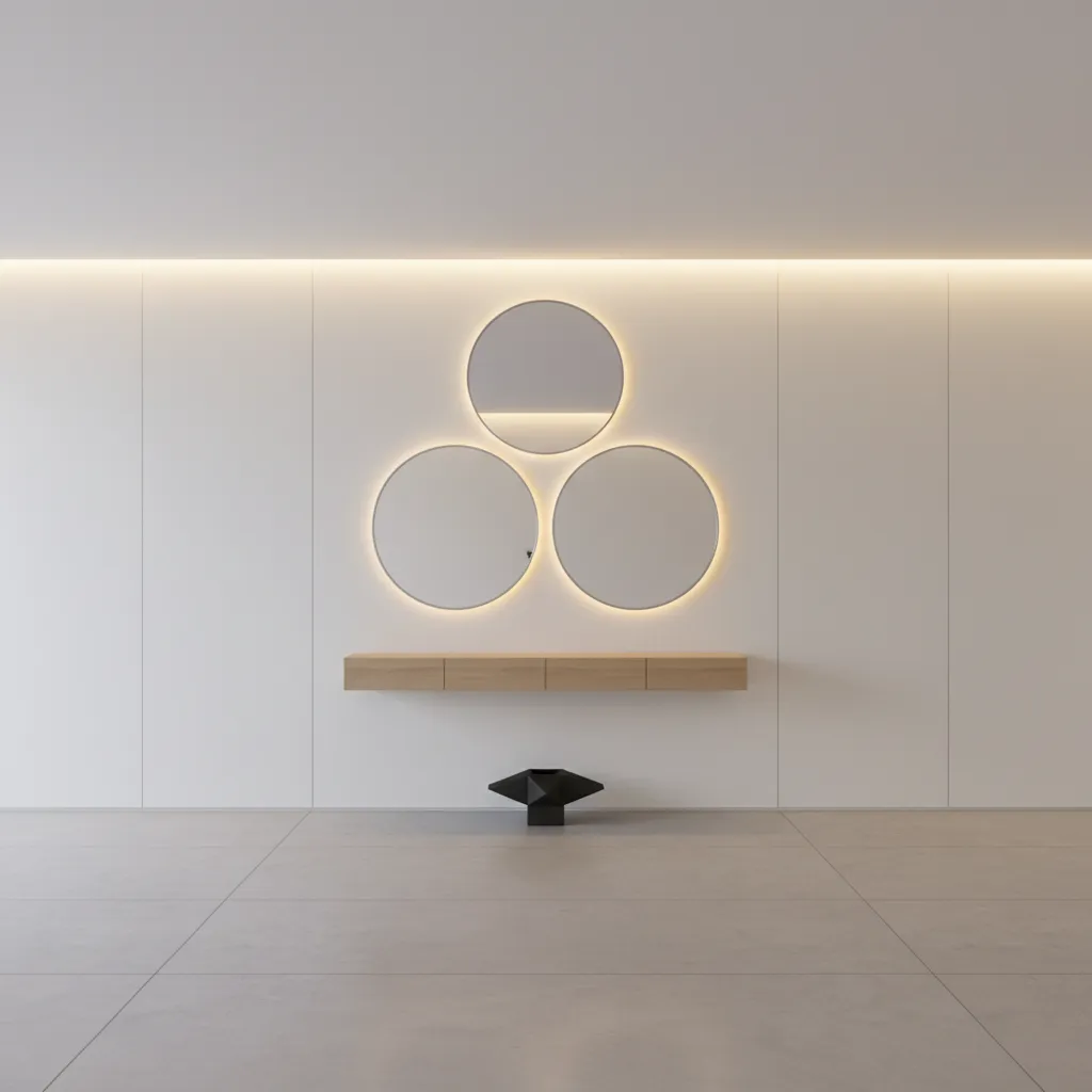 triangle layout arrangement of three round mirrors above an entryway console