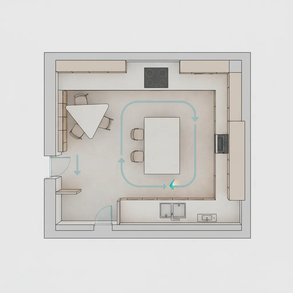 Apartment floor layout showing triangular table improving movement flow