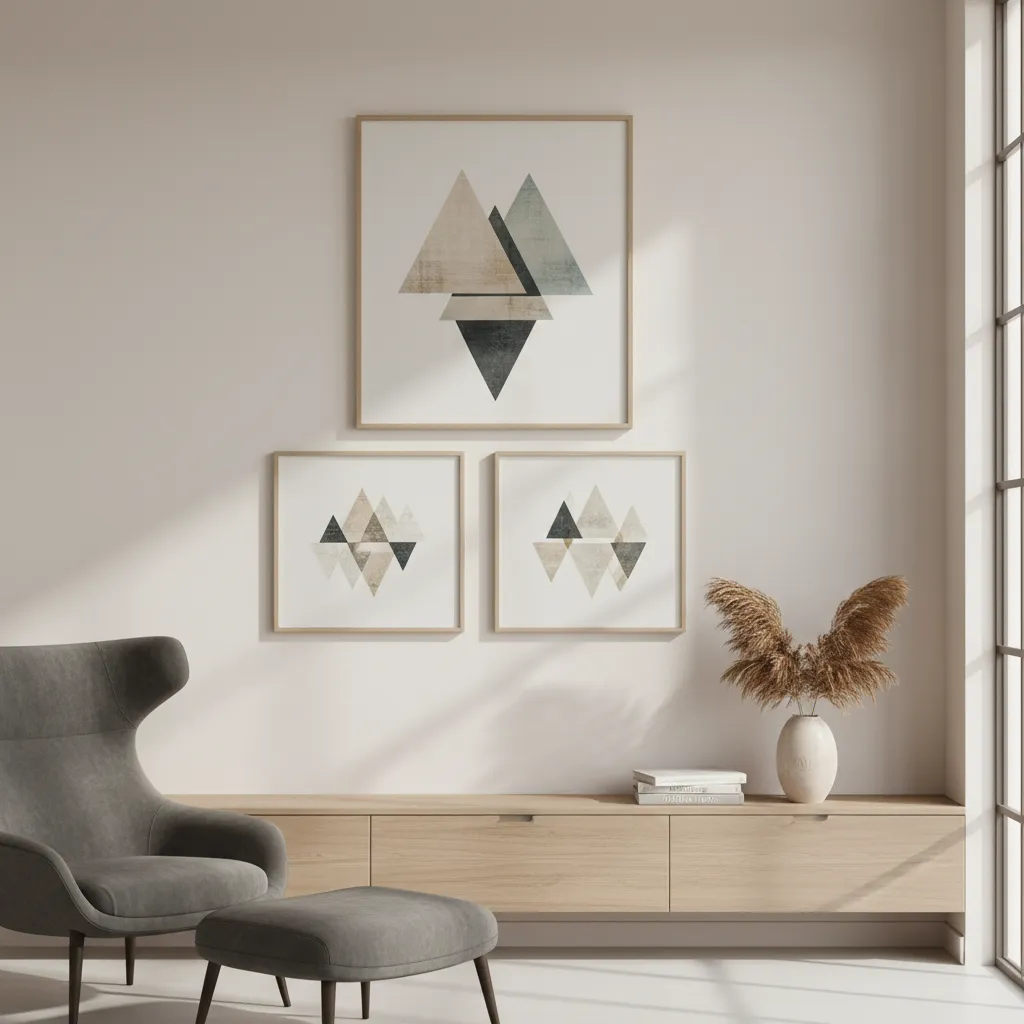 Triangle arrangement of three frames forming a visual pyramid on a wall