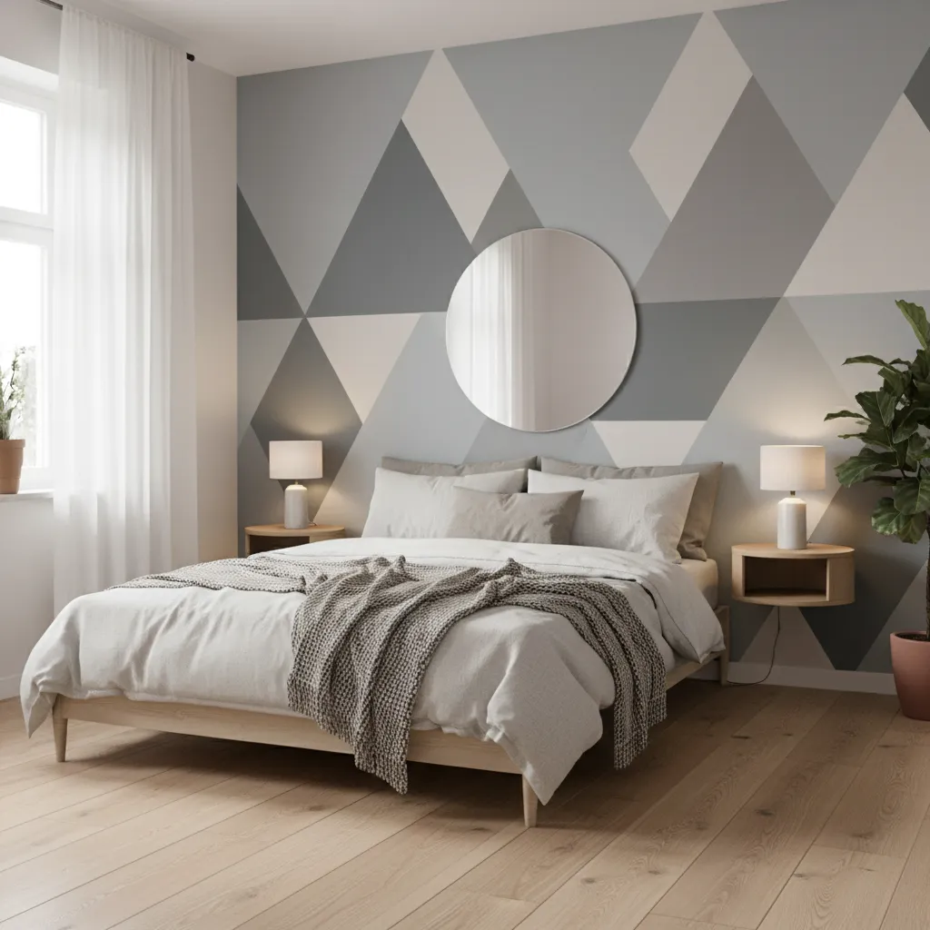 Small bedroom featuring geometric triangle accent wall