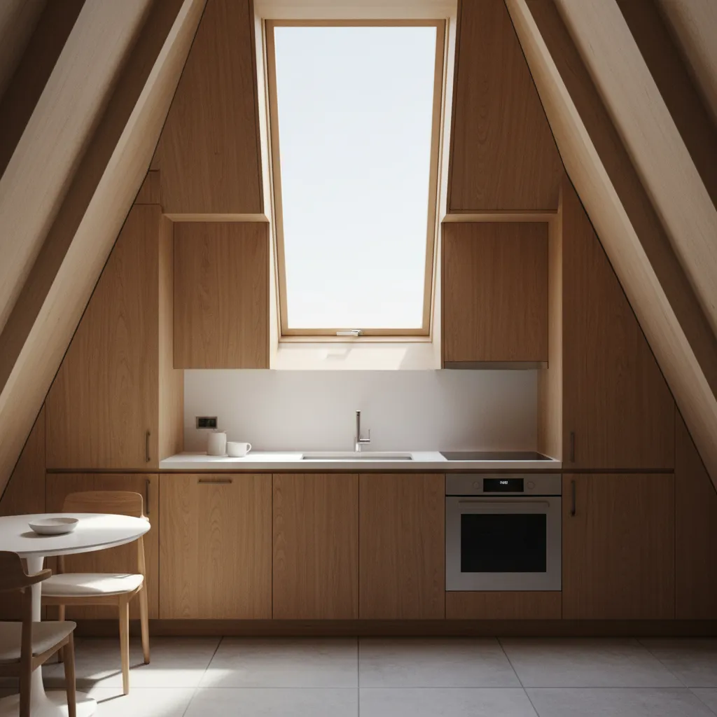 compact kitchen placed along angled wall in A-frame house