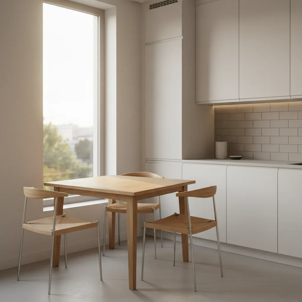 triangular kitchen table placed neatly in a corner breakfast area
