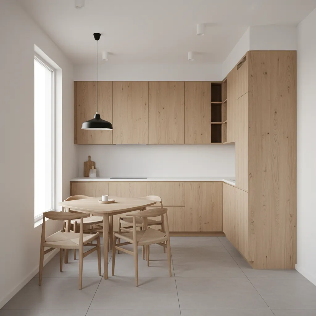 Triangular kitchen table placed in a compact modern kitchen corner