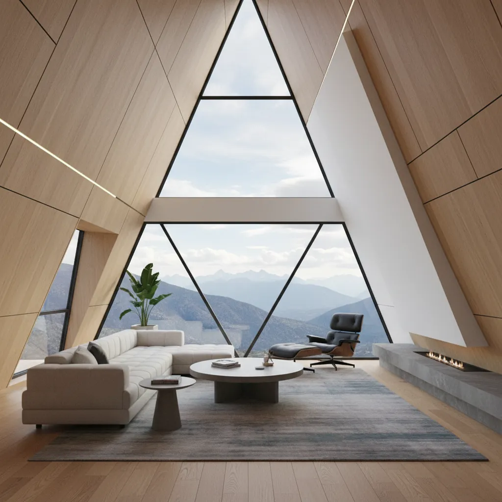 Sala moderna ubicada en la parte más amplia de una casa triangular