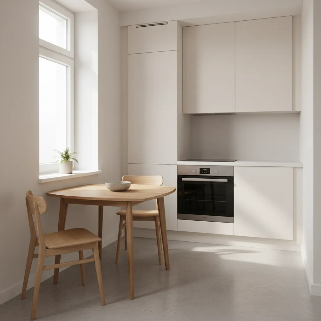 Small apartment kitchen corner with triangular dining table and two chairs