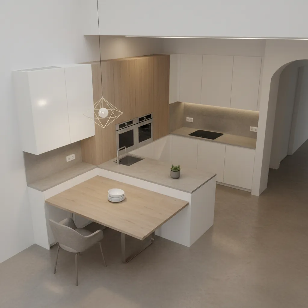 Triangular dining table positioned correctly near a kitchen corner with walkway space