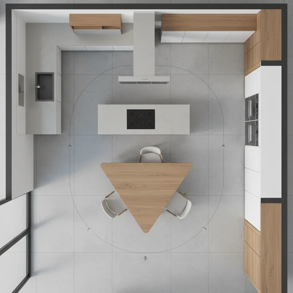 Top down layout view of triangular dining table in kitchen floor plan